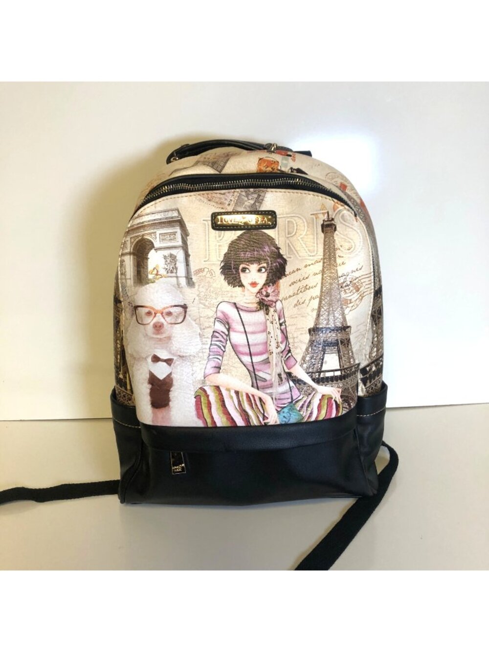 Love Q USA Paris Print Backpack Laptop Pocket Girl Dog Illustration